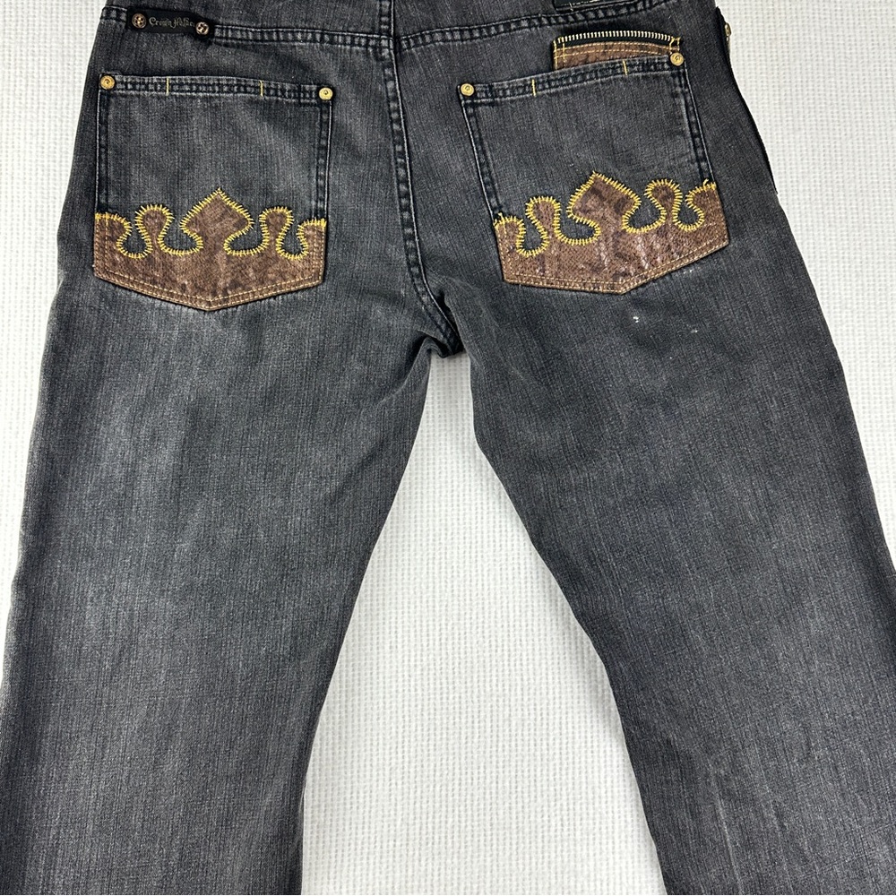 Crown Holder 2000’s Black Denim Jeans with Snake Print & Flame Accents 38